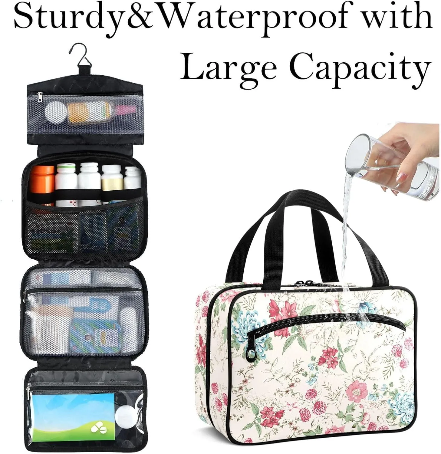 Travel Toiletry Bag for Woman/Men,Rustic Wildflower Blue Chrysanthemum Beige Hanging Organizer Bag with Pockets Portable Folding Travel Case Bags for Makeup Cosmetic Toiletries Storage Traveling-L