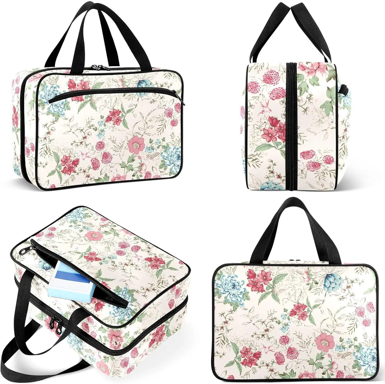 Travel Toiletry Bag for Woman/Men,Rustic Wildflower Blue Chrysanthemum Beige Hanging Organizer Bag with Pockets Portable Folding Travel Case Bags for Makeup Cosmetic Toiletries Storage Traveling-L