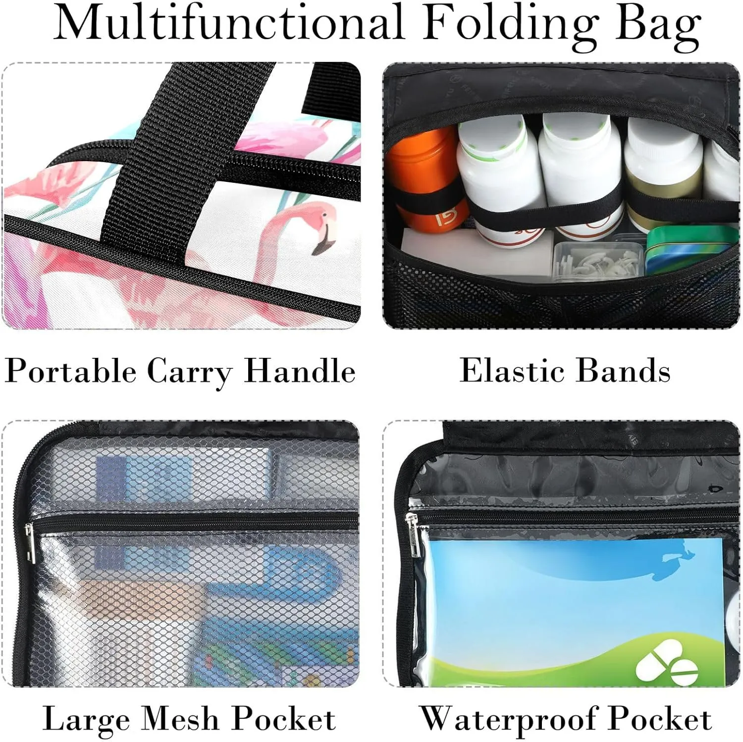 Travel Toiletry Bag for Woman/Men,Waterolor Flamingo Summer Tropical Pink Blue Hanging Organizer Bag with Pockets Portable Folding Travel Case Bags for Makeup Cosmetic Toiletries Storage Traveling-M