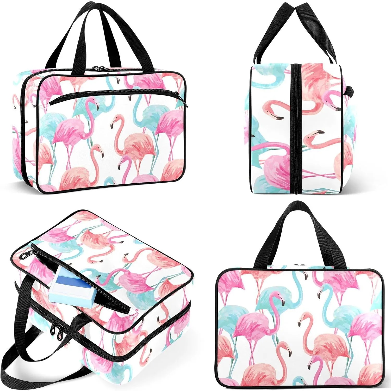 Travel Toiletry Bag for Woman/Men,Waterolor Flamingo Summer Tropical Pink Blue Hanging Organizer Bag with Pockets Portable Folding Travel Case Bags for Makeup Cosmetic Toiletries Storage Traveling-M