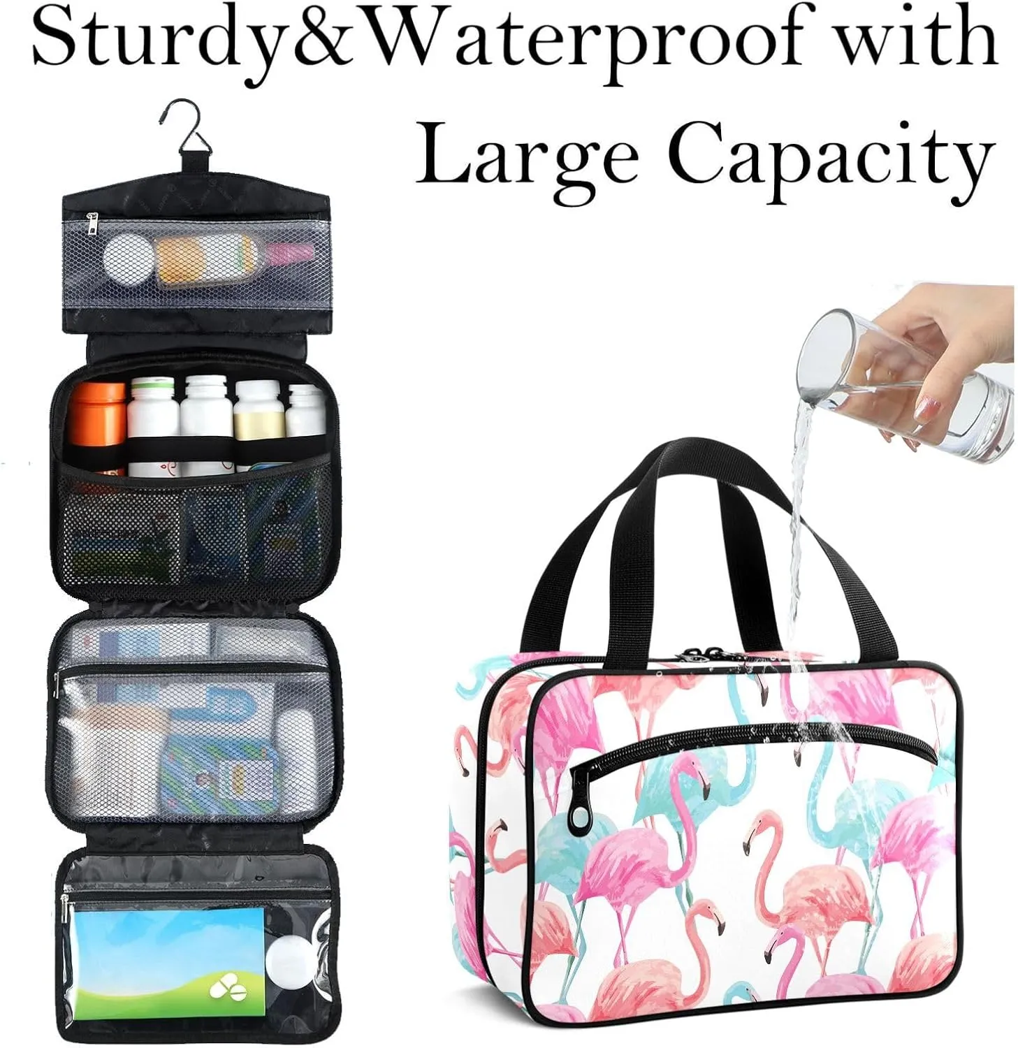 Travel Toiletry Bag for Woman/Men,Waterolor Flamingo Summer Tropical Pink Blue Hanging Organizer Bag with Pockets Portable Folding Travel Case Bags for Makeup Cosmetic Toiletries Storage Traveling-M