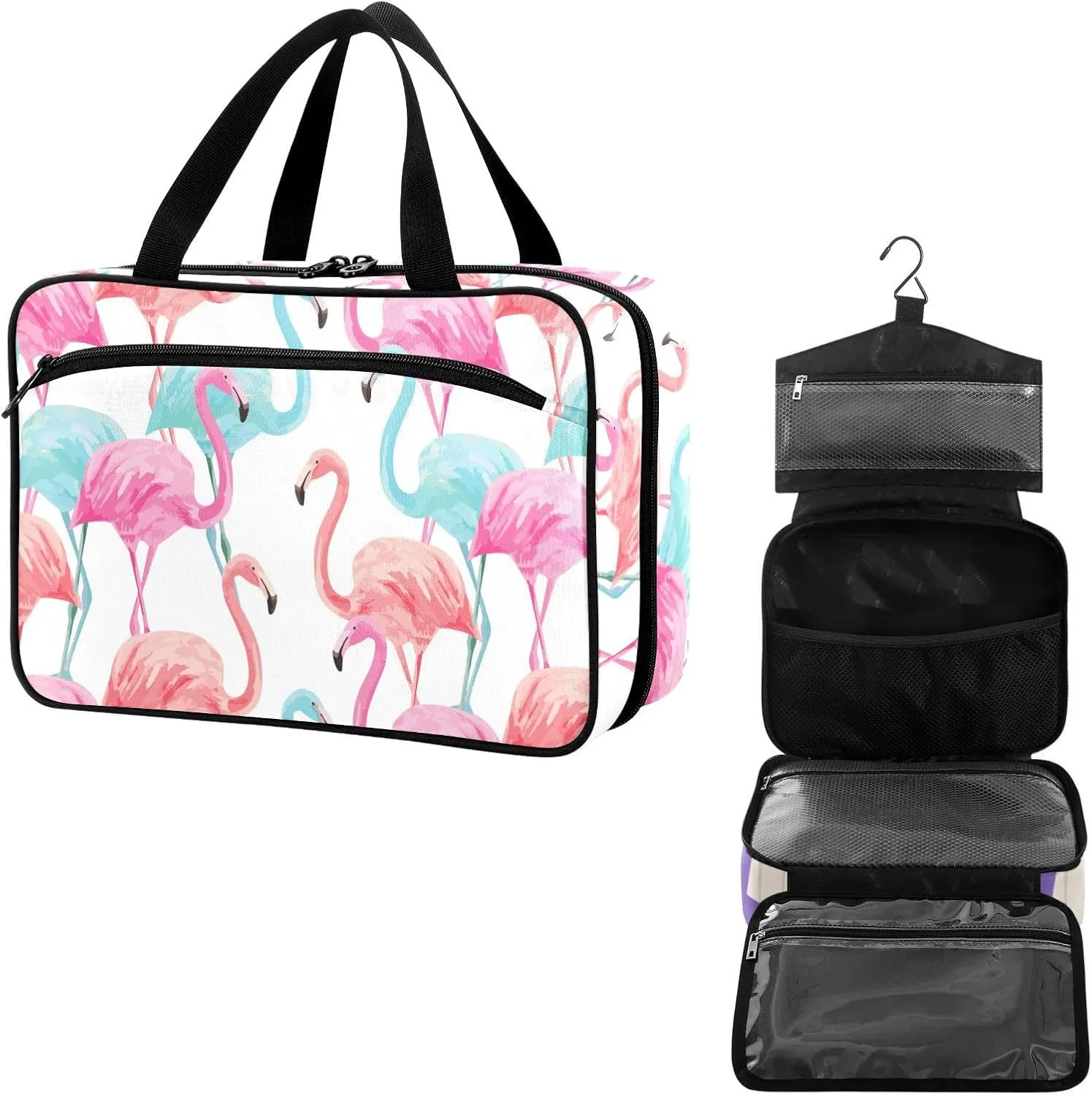Travel Toiletry Bag for Woman/Men,Waterolor Flamingo Summer Tropical Pink Blue Hanging Organizer Bag with Pockets Portable Folding Travel Case Bags for Makeup Cosmetic Toiletries Storage Traveling-M