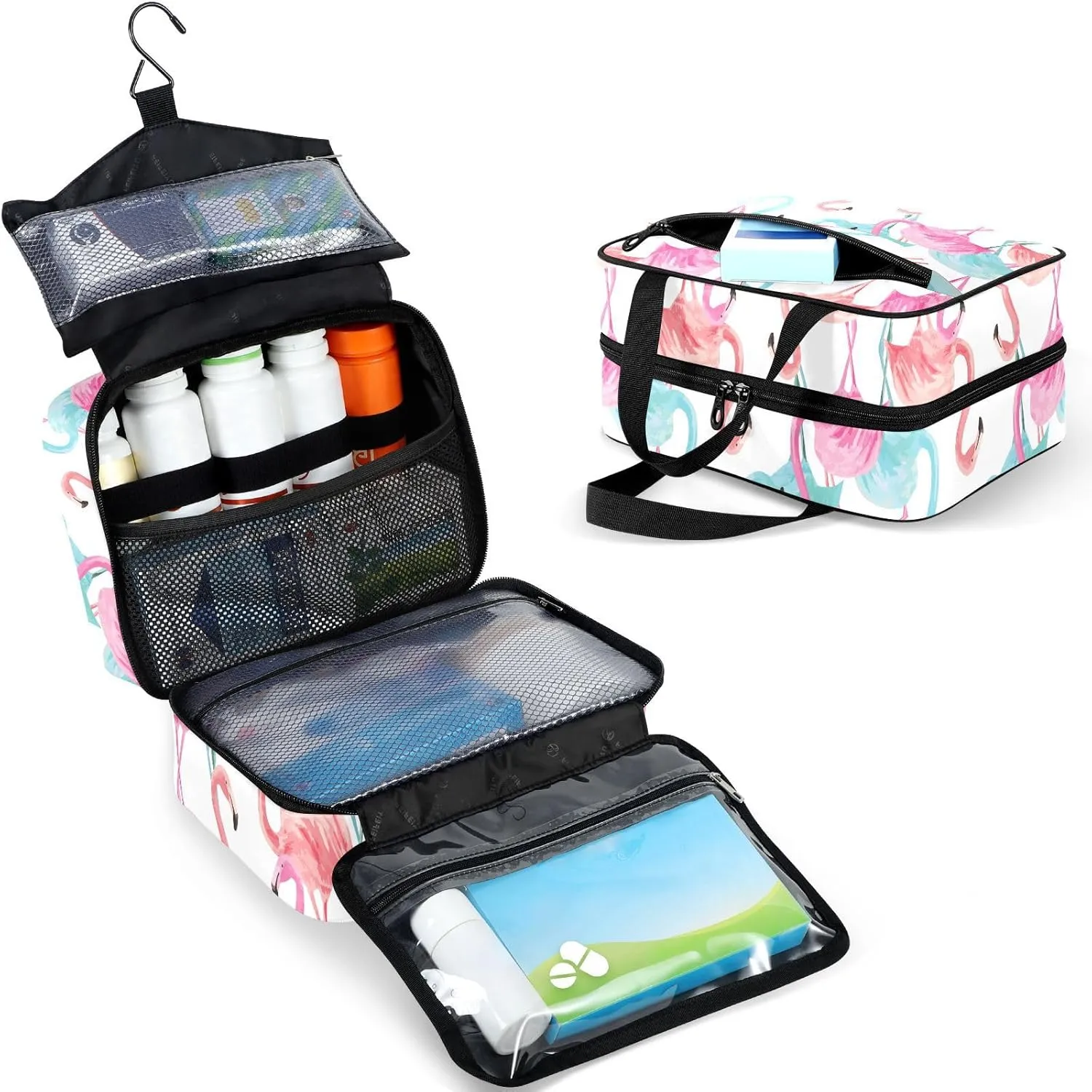 Travel Toiletry Bag for Woman/Men,Waterolor Flamingo Summer Tropical Pink Blue Hanging Organizer Bag with Pockets Portable Folding Travel Case Bags for Makeup Cosmetic Toiletries Storage Traveling-M