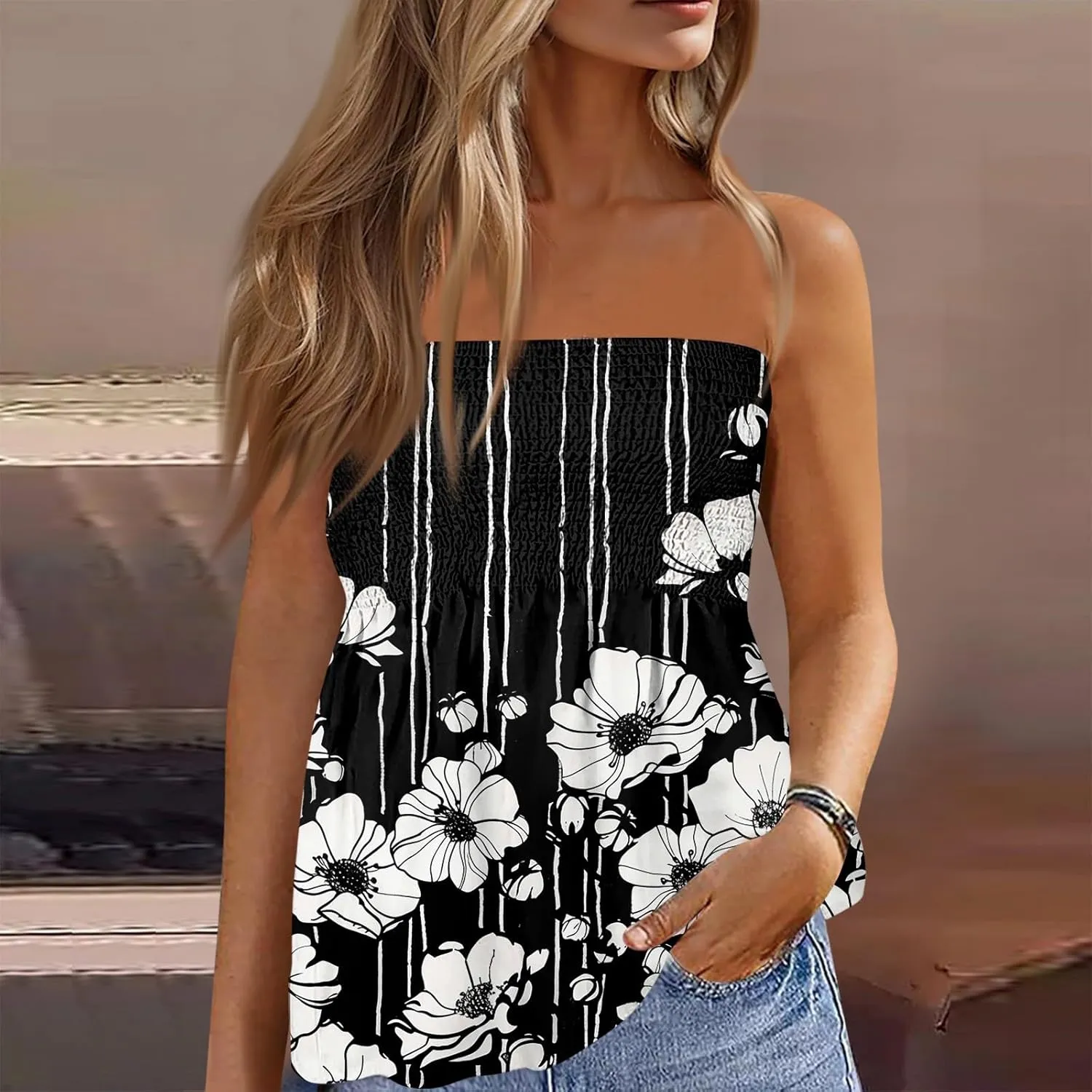 Tube Tops for Women Floral Print Sleeveless Tanks Strapless Smocked Ruffled Tube Tops Casual Lightweight Bandeau