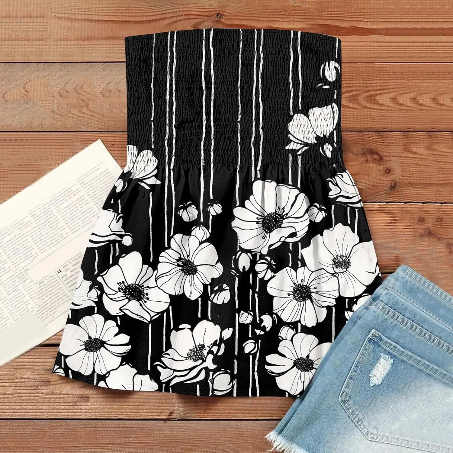 Tube Tops for Women Floral Print Sleeveless Tanks Strapless Smocked Ruffled Tube Tops Casual Lightweight Bandeau