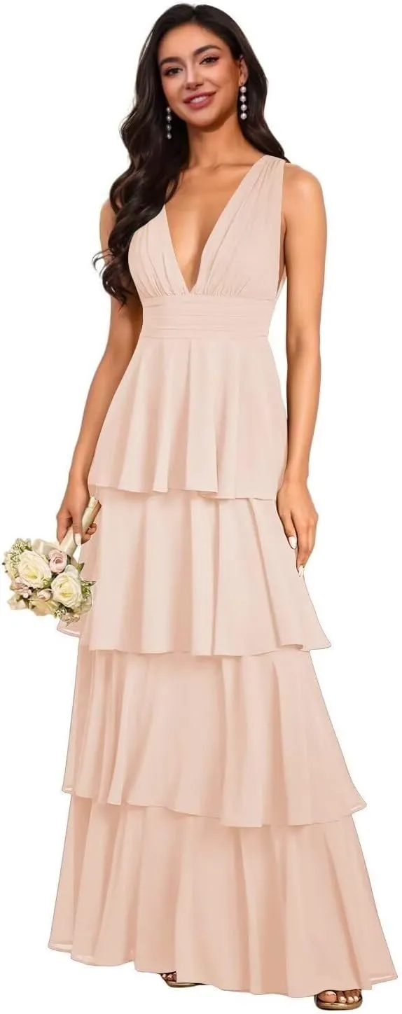 V Neck Tiered Bridesmaid Dresses for Women Long Chiffon Ruffle Layered Prom Dresses A Line Formal Evening Gowns