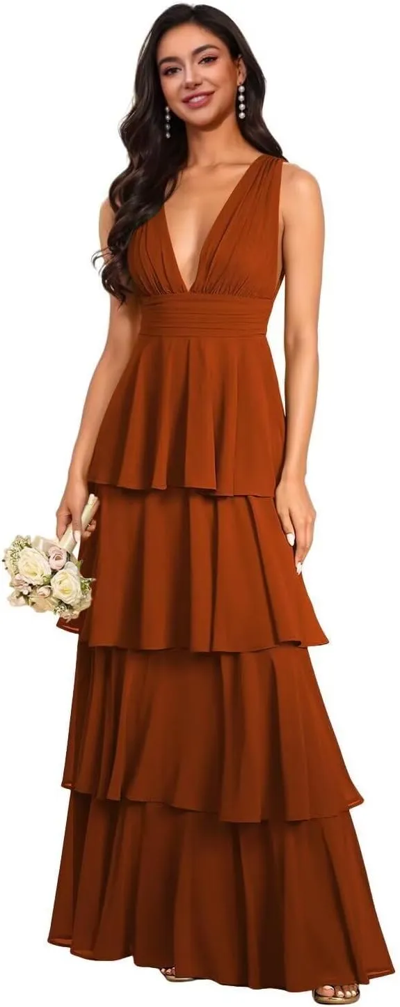 V Neck Tiered Bridesmaid Dresses for Women Long Chiffon Ruffle Layered Prom Dresses A Line Formal Evening Gowns