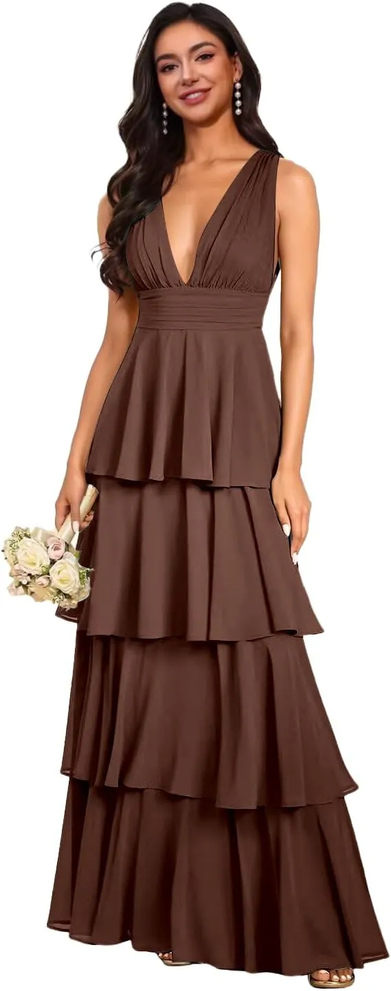 V Neck Tiered Bridesmaid Dresses for Women Long Chiffon Ruffle Layered Prom Dresses A Line Formal Evening Gowns