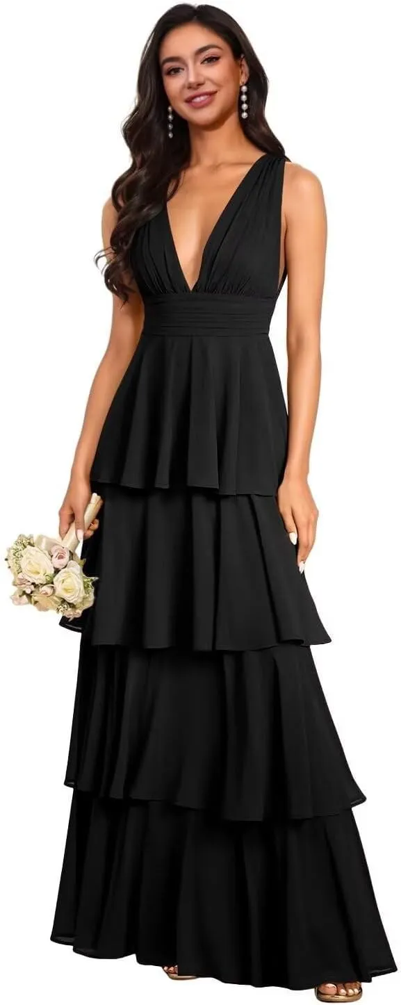 V Neck Tiered Bridesmaid Dresses for Women Long Chiffon Ruffle Layered Prom Dresses A Line Formal Evening Gowns
