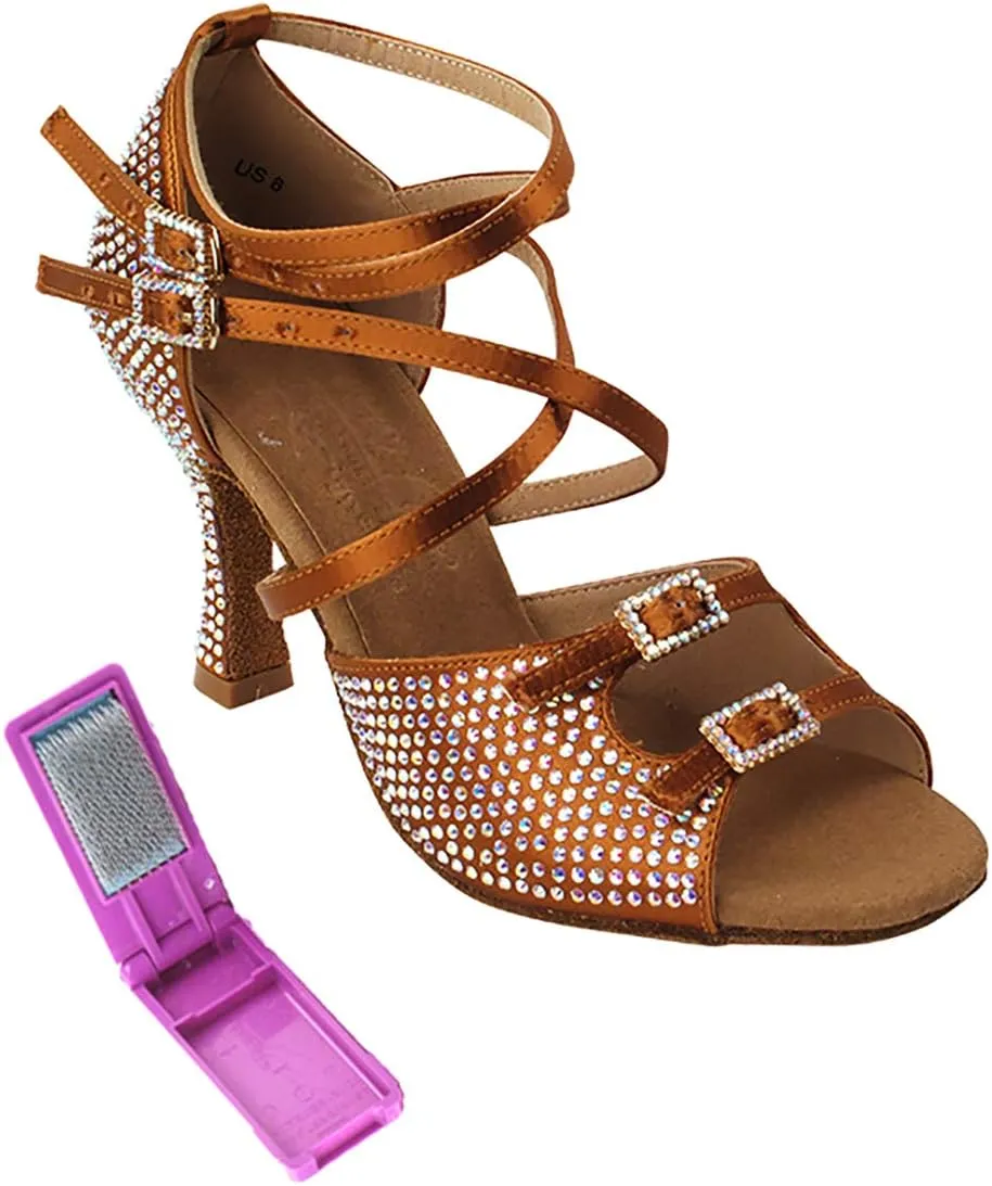 Very Fine Dance Shoes - Ladies Latin, Rhythm, Salsa, Waltz Ballroom Dance Shoes - S1004CC - 3-inch Heel and Foldable Brush Bundle - Copper Tan Satin - 9.5