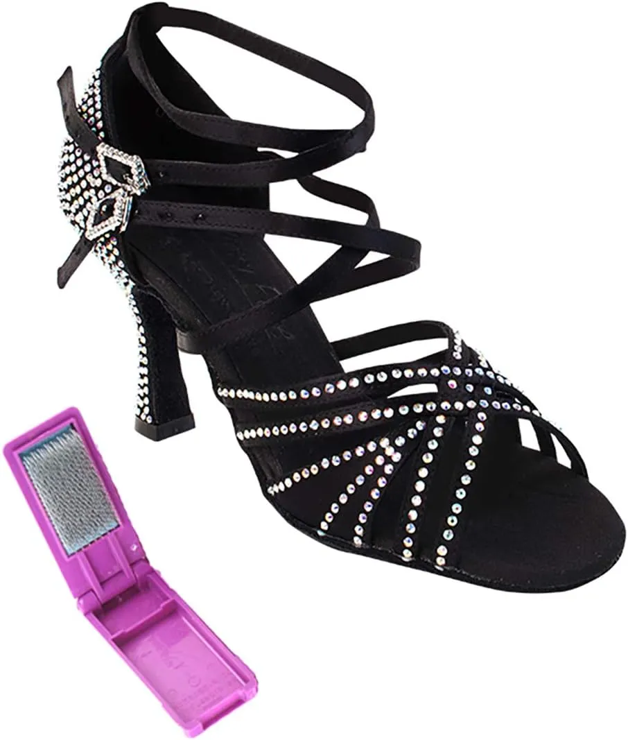 Very Fine Dance Shoes - Ladies Latin, Rhythm, Salsa, Waltz Ballroom Dance Shoes - S1006CC - 3-inch Heel and Foldable Brush Bundle - Black Satin - 6.5