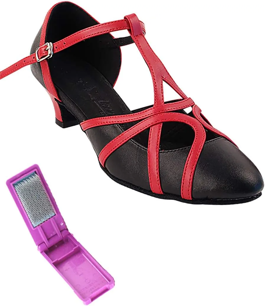 Very Fine Dance Shoes - Ladies Practice, Cuban Low Heel, Waltz Ballroom Dance Shoes - SERA3541-1.2-inch Heel and Foldable Brush Bundle - Black Leather - Red Trim - 8