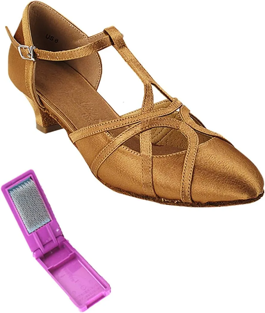Very Fine Dance Shoes - Ladies Practice, Cuban Low Heel, Waltz Ballroom Dance Shoes - SERA3541-1.2-inch Heel and Foldable Brush Bundle - Brown Satin - 8