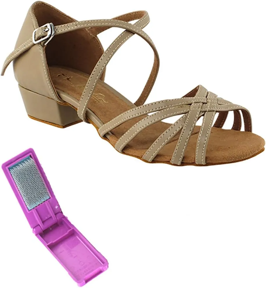 Very Fine Dance Shoes - Ladies Practice, Cuban Low Heel, Waltz, Wedding Dance Shoes - 1670FT - 1-inch Heel and Foldable Brush Bundle - Tan PU - 10