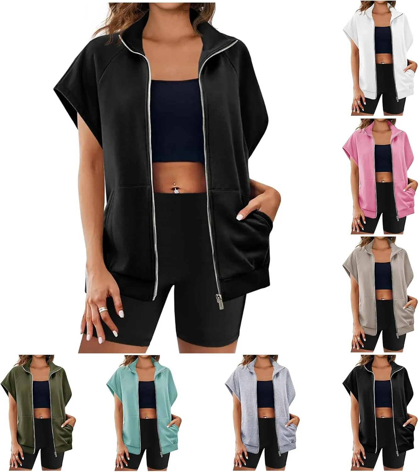 Vest for Women Short Sleeves Full Zip Up Lightweight Sweatshirt Summer Casual Jackets Outerwear Vests Tops with Pockets