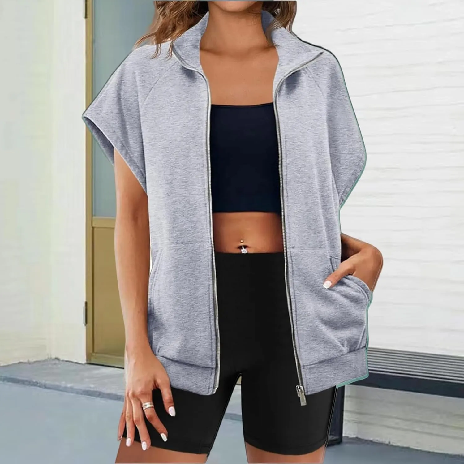 Vest for Women Short Sleeves Full Zip Up Lightweight Sweatshirt Summer Casual Jackets Outerwear Vests Tops with Pockets