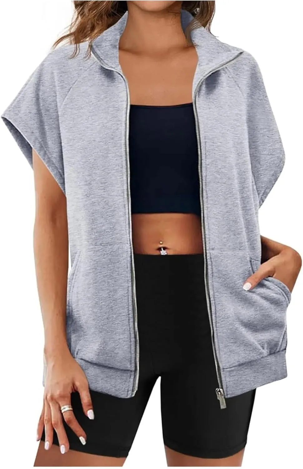 Vest for Women Short Sleeves Full Zip Up Lightweight Sweatshirt Summer Casual Jackets Outerwear Vests Tops with Pockets