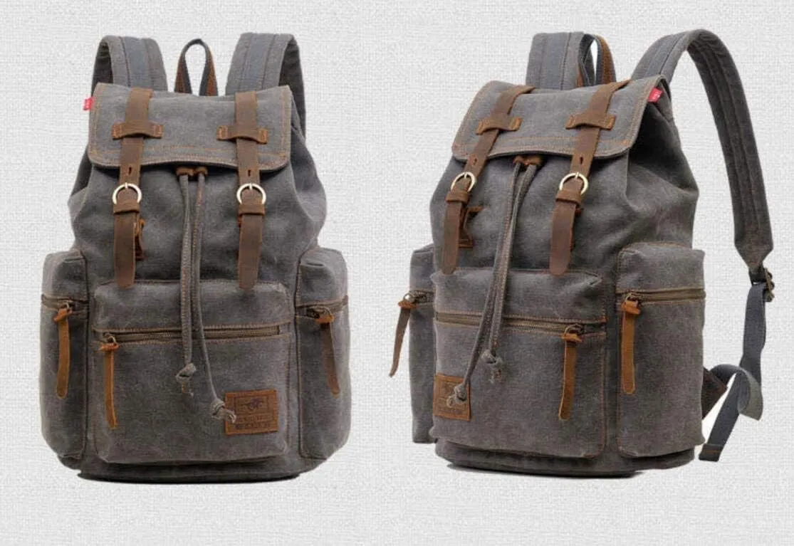 Vintage Canvas Backpack Leather Rucksack Knapsack Unisex Casual Backpack 17inch Laptop Backpack Hiking Bag(L-Coffee)
