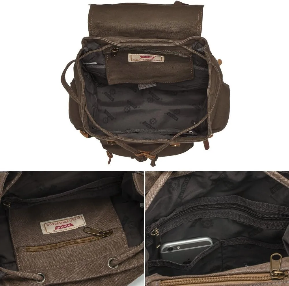 Vintage Canvas Backpack Leather Rucksack Knapsack Unisex Casual Backpack 17inch Laptop Backpack Hiking Bag(L-Coffee)