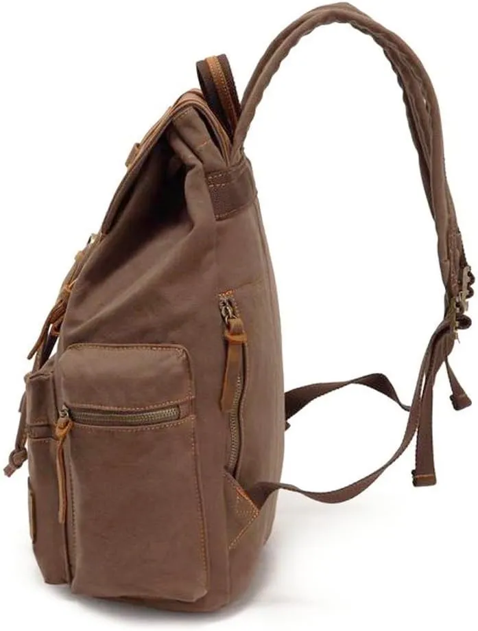 Vintage Canvas Backpack Leather Rucksack Knapsack Unisex Casual Backpack 17inch Laptop Backpack Hiking Bag(L-Coffee)