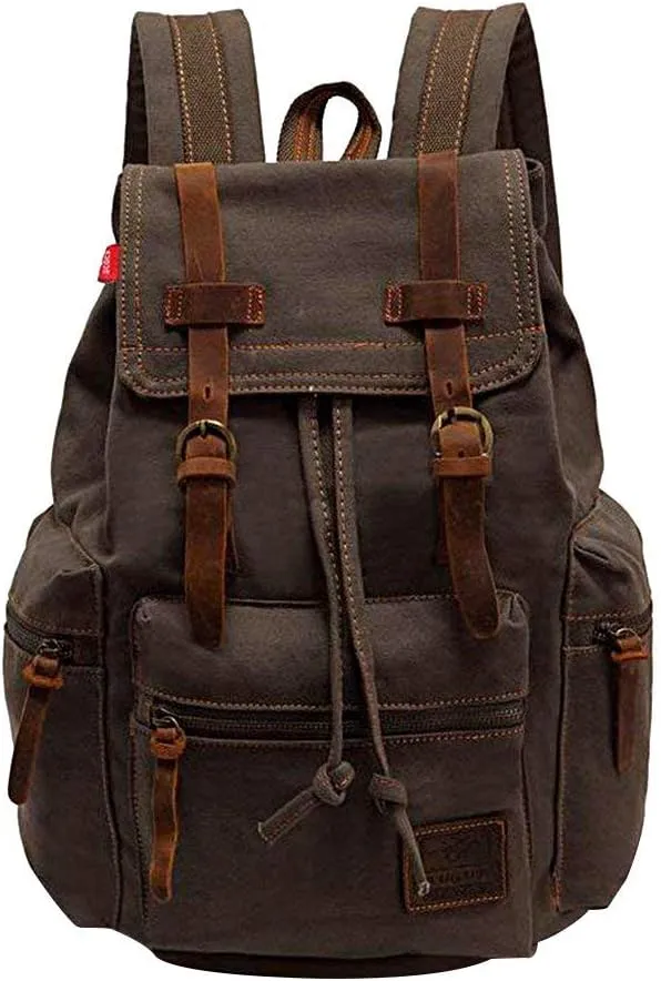 Vintage Canvas Backpack Leather Rucksack Knapsack Unisex Casual Backpack 17inch Laptop Backpack Hiking Bag(L-Coffee)