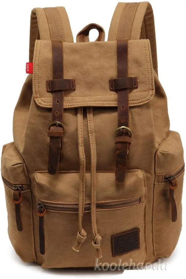Vintage Canvas Backpack Leather Rucksack Knapsack Unisex Casual Backpack 17inch Laptop Backpack Hiking Bag(L-Coffee)