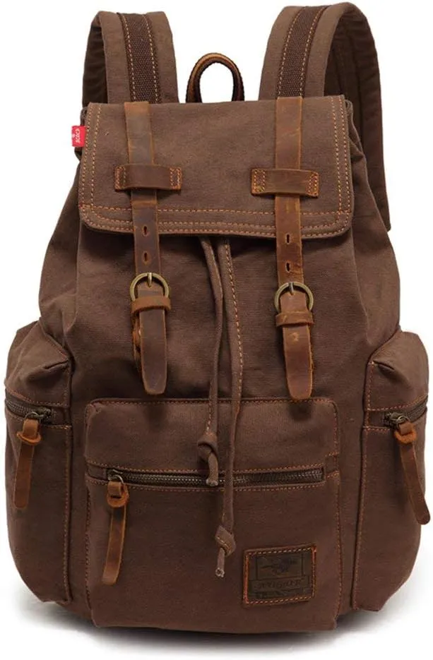 Vintage Canvas Backpack Leather Rucksack Knapsack Unisex Casual Backpack 17inch Laptop Backpack Hiking Bag(L-Coffee)