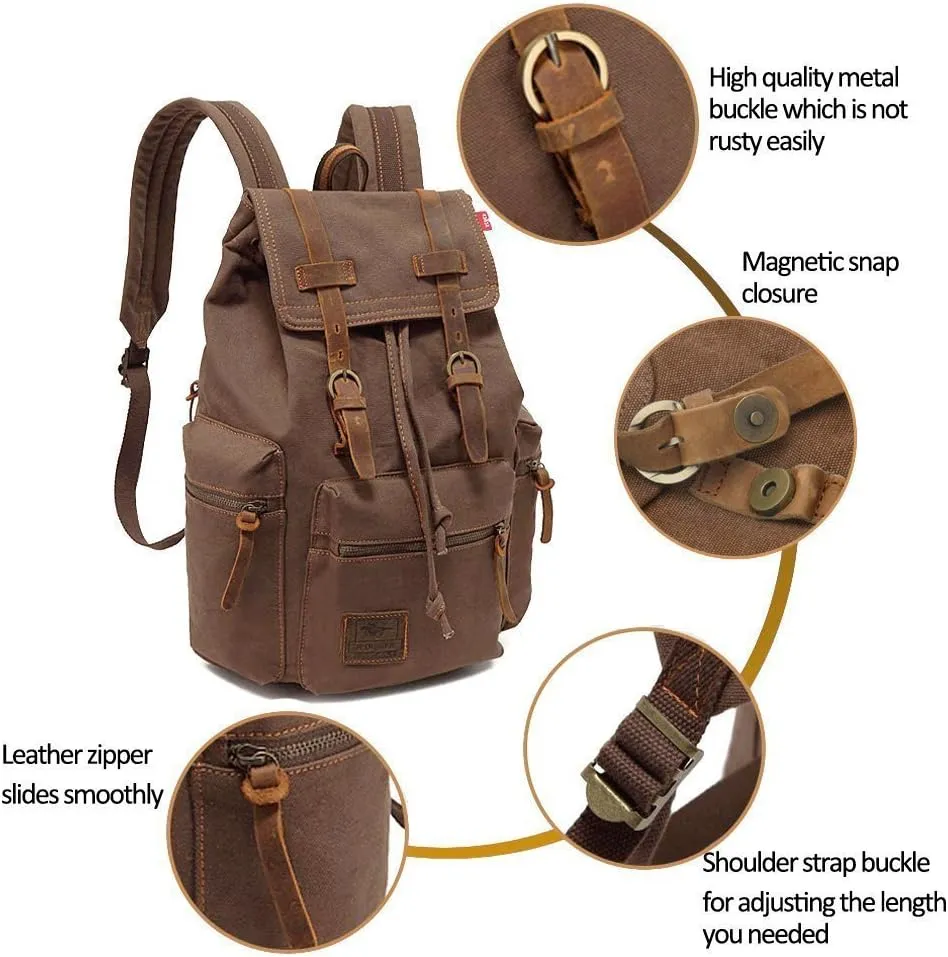 Vintage Canvas Backpack Leather Rucksack Knapsack Unisex Casual Backpack 17inch Laptop Backpack Hiking Bag(L-Coffee)