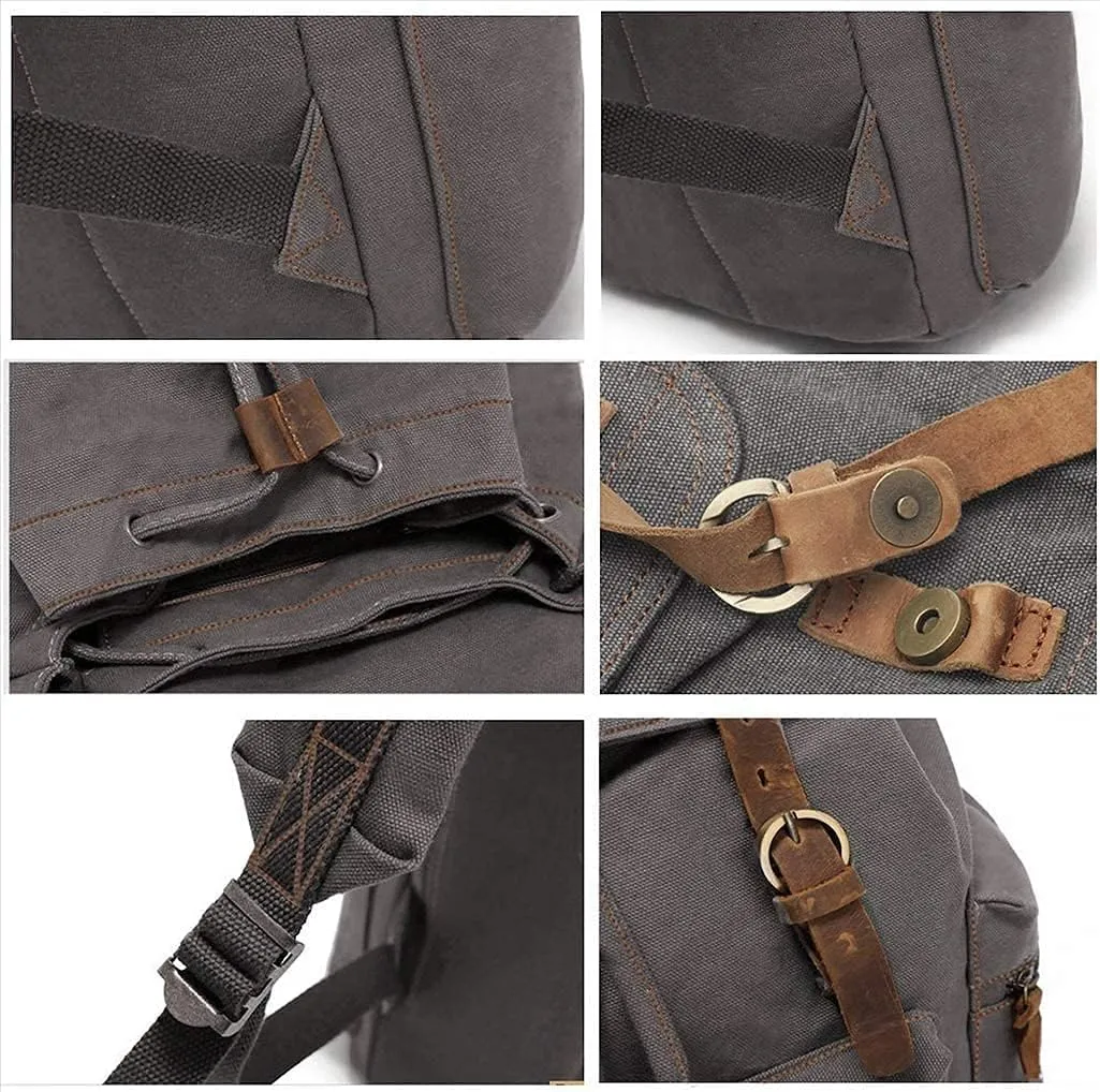 Vintage Canvas Backpack Leather Rucksack Knapsack Unisex Casual Backpack 17inch Laptop Backpack Hiking Bag(L-Coffee)