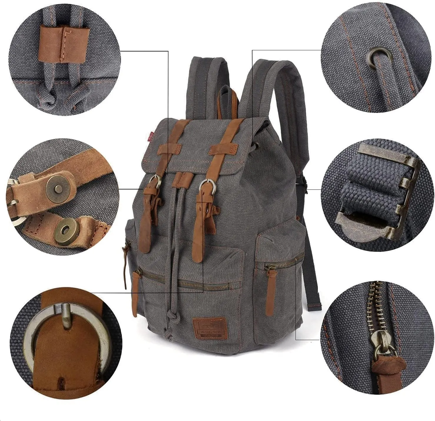 Vintage Canvas Backpack Leather Rucksack Knapsack Unisex Casual Backpack 17inch Laptop Backpack Hiking Bag(L-Coffee)