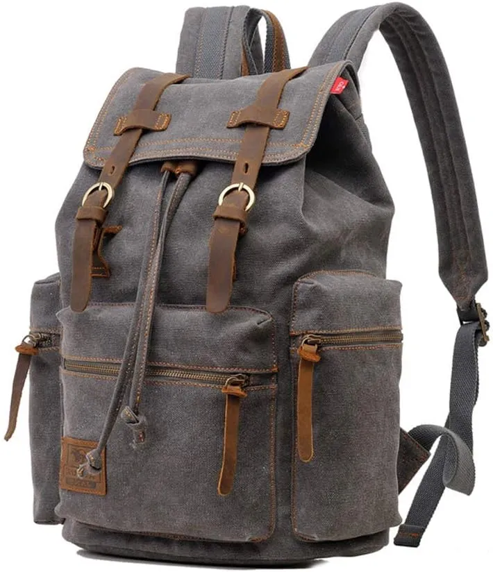 Vintage Canvas Backpack Leather Rucksack Knapsack Unisex Casual Backpack 17inch Laptop Backpack Hiking Bag(L-Coffee)