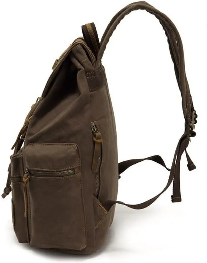 Vintage Canvas Backpack Leather Rucksack Knapsack Unisex Casual Backpack 17inch Laptop Backpack Hiking Bag(L-Coffee)