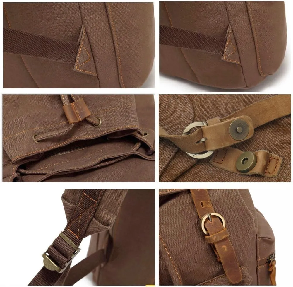 Vintage Canvas Backpack Leather Rucksack Knapsack Unisex Casual Backpack 17inch Laptop Backpack Hiking Bag(L-Coffee)