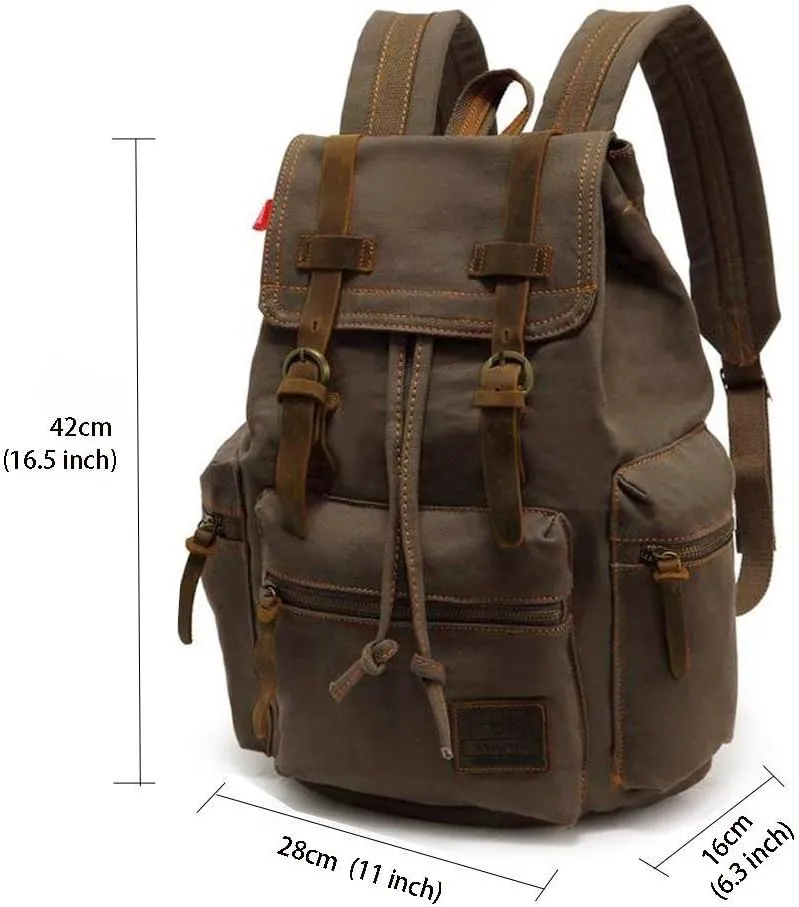 Vintage Canvas Backpack Leather Rucksack Knapsack Unisex Casual Backpack 17inch Laptop Backpack Hiking Bag(L-Coffee)