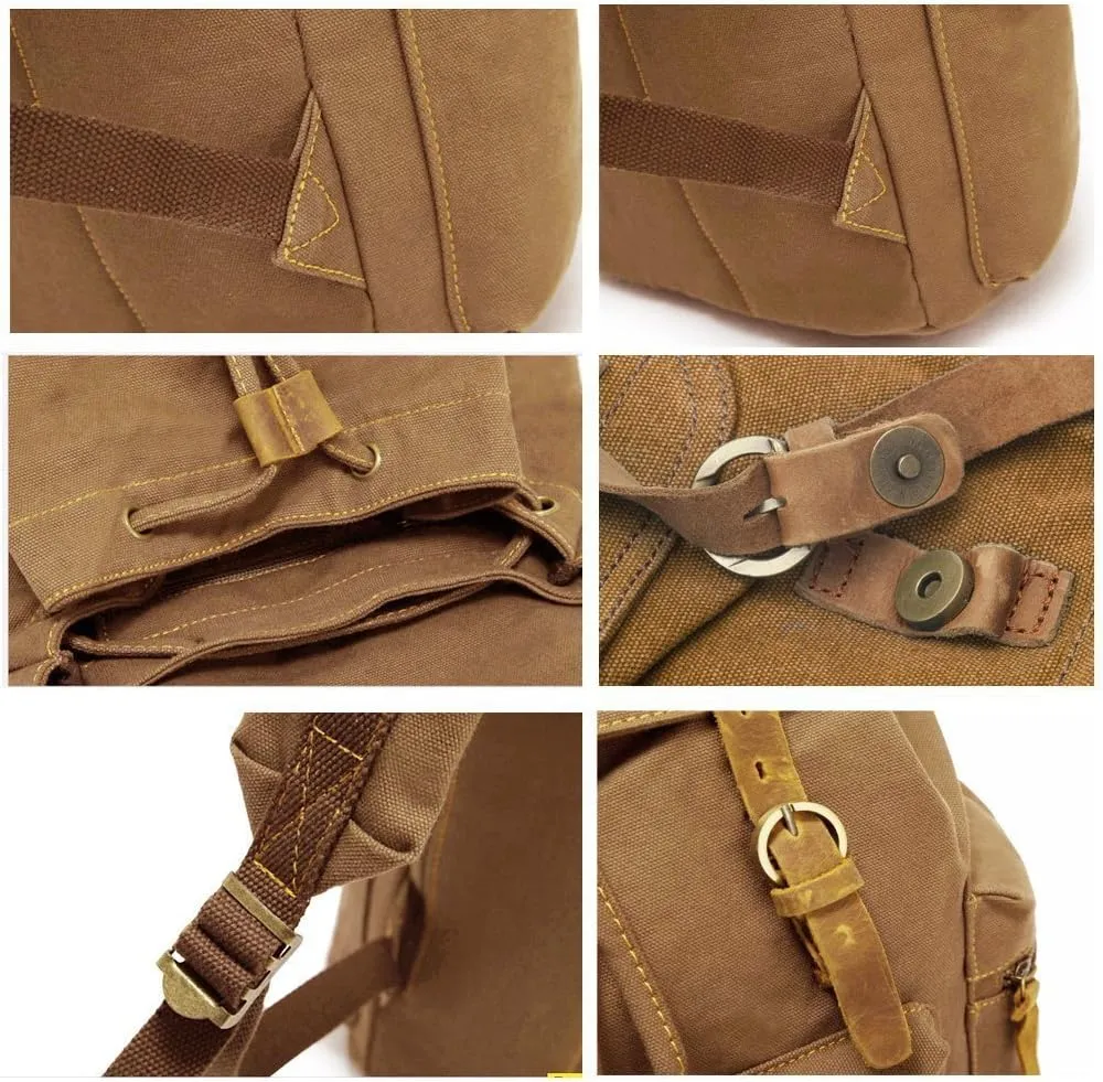 Vintage Canvas Backpack Leather Rucksack Knapsack Unisex Casual Backpack 17inch Laptop Backpack Hiking Bag(L-Coffee)