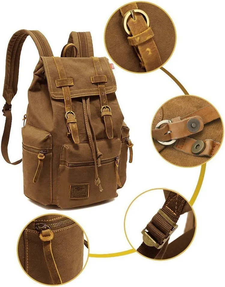 Vintage Canvas Backpack Leather Rucksack Knapsack Unisex Casual Backpack 17inch Laptop Backpack Hiking Bag(L-Coffee)