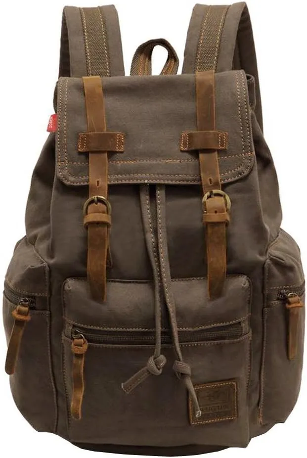 Vintage Canvas Backpack Leather Rucksack Knapsack Unisex Casual Backpack 17inch Laptop Backpack Hiking Bag(L-Coffee)