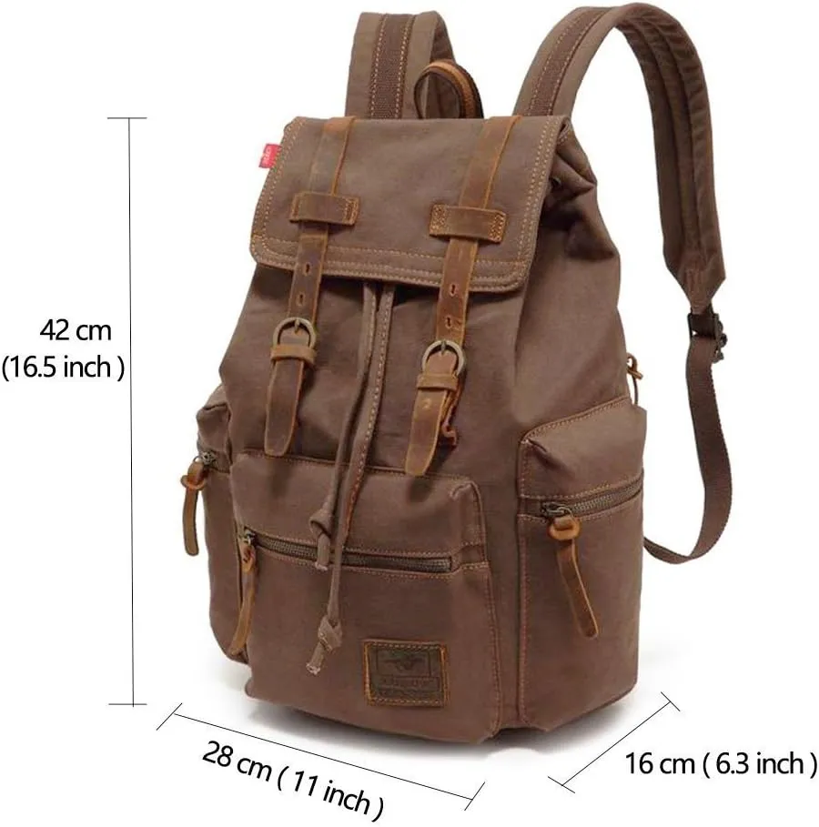 Vintage Canvas Backpack Leather Rucksack Knapsack Unisex Casual Backpack 17inch Laptop Backpack Hiking Bag(L-Coffee)