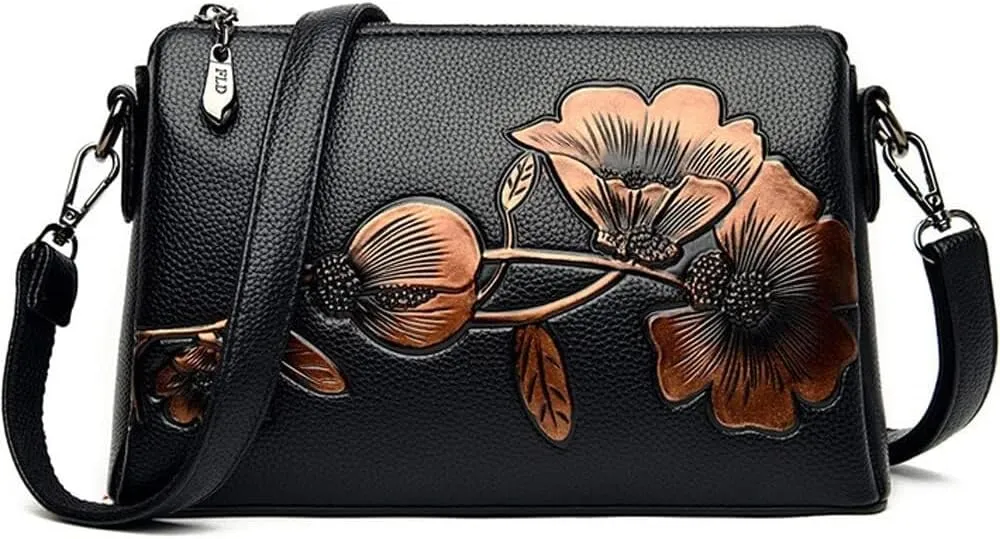 Vintage Floral Women Handbags Hobo Crossbody Bags Shoulder Soft Leather Purse Satchel Zipper Pocket Wallet