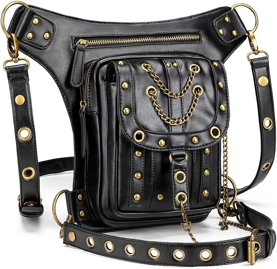 Vintage Rock Gothic Shoulder Waist Leg Thigh Holster Bags PU Leather Fanny Bag Multi-Purpose Tactical Drop Leg Arm Steampunk Retro Motorcycle Lady Bag (B)