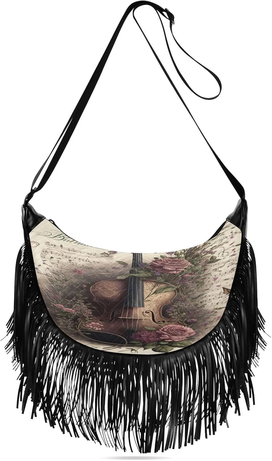 Violin-flowers Print Women Tassel Fringe Shoulder bag, Fringe Purse Crossbody, Women Tassel Hobo Bag with Zipper
