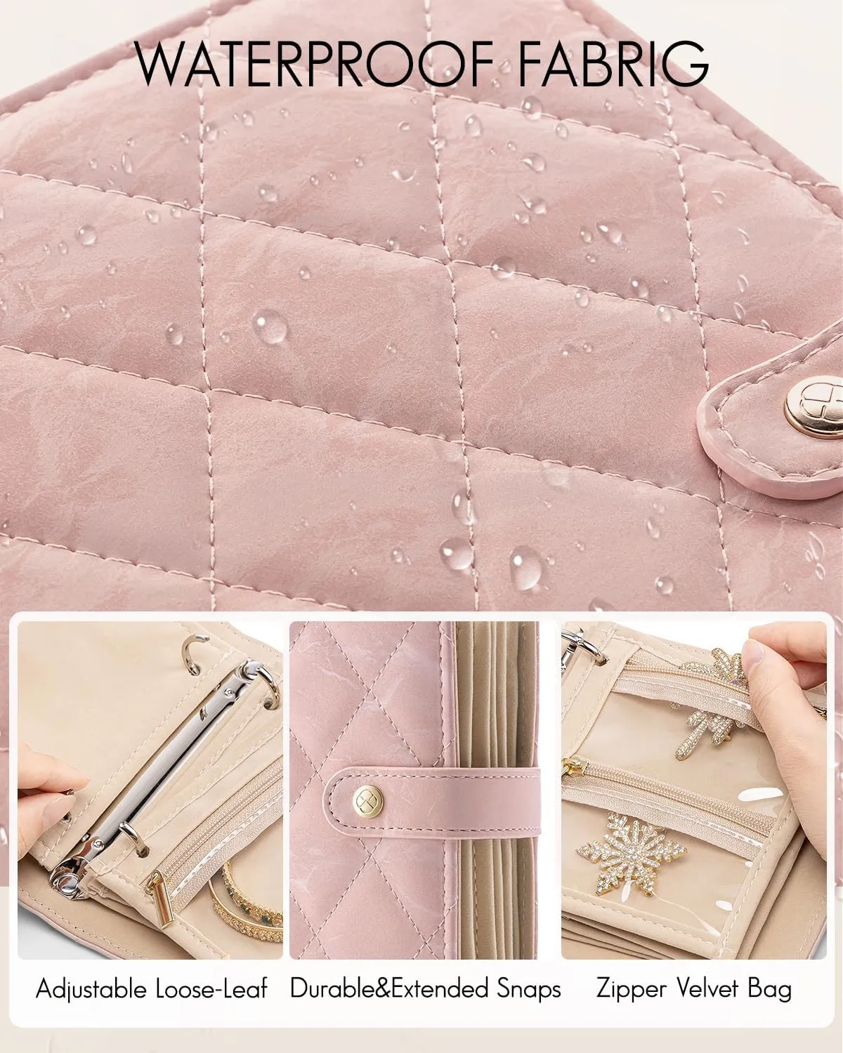 Vlando Travel Jewelry Organizer Case,Gifts for Women,Portable Jewelry Storage Book Ring Binder with Clear Zipper Velvet Pouch Bag for Traveling,Rings,Necklace,Earrings,Bracelets,Brooches-Sand Pink