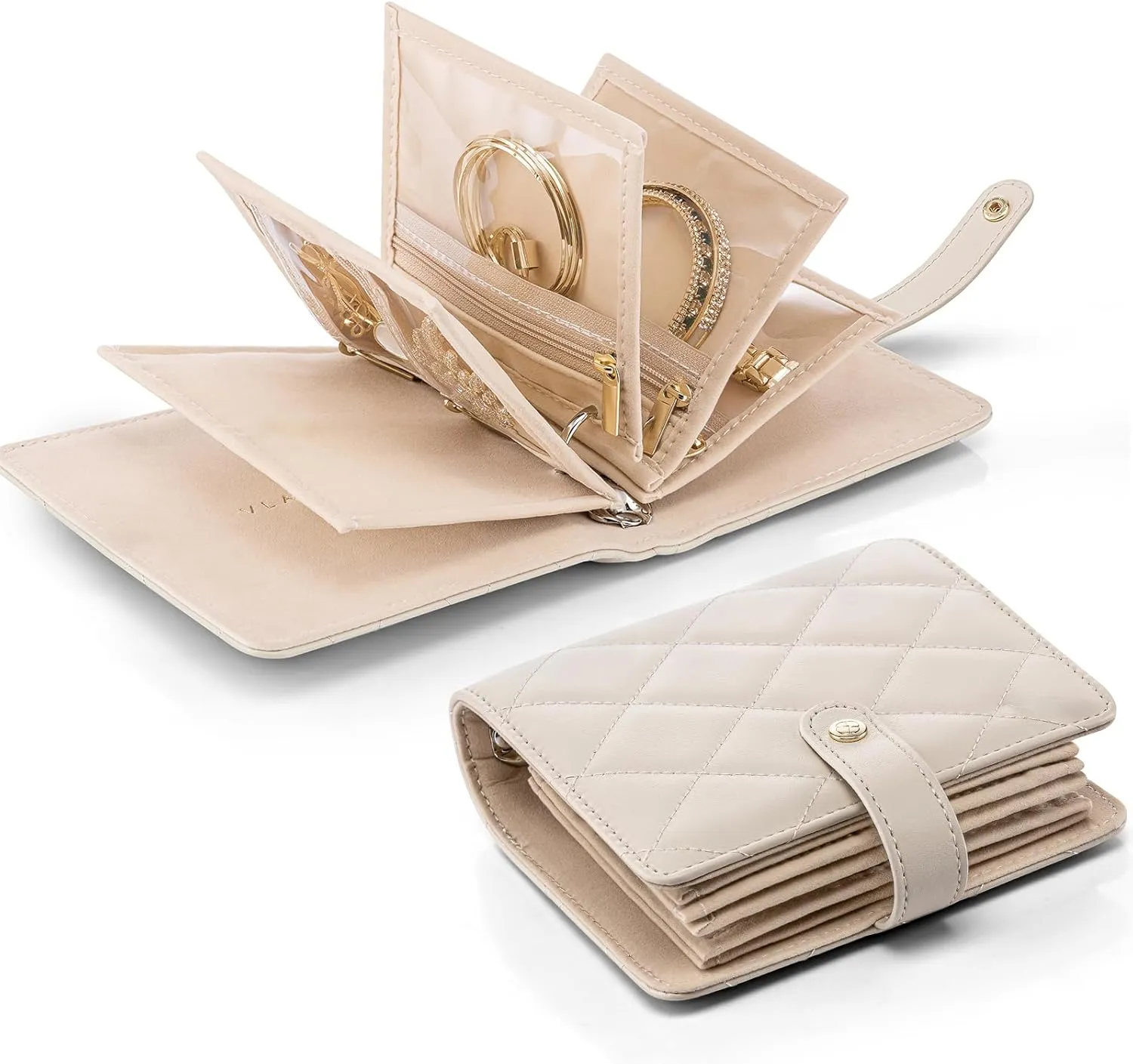 Vlando Travel Jewelry Organizer Case,Mothers Day Gifts for Her,Portable Jewelry Organizers Storage Book with Clear Zipper Velvet Jewelry Pouch Bag for Travel Essentials,Ring,Earring-Cream White