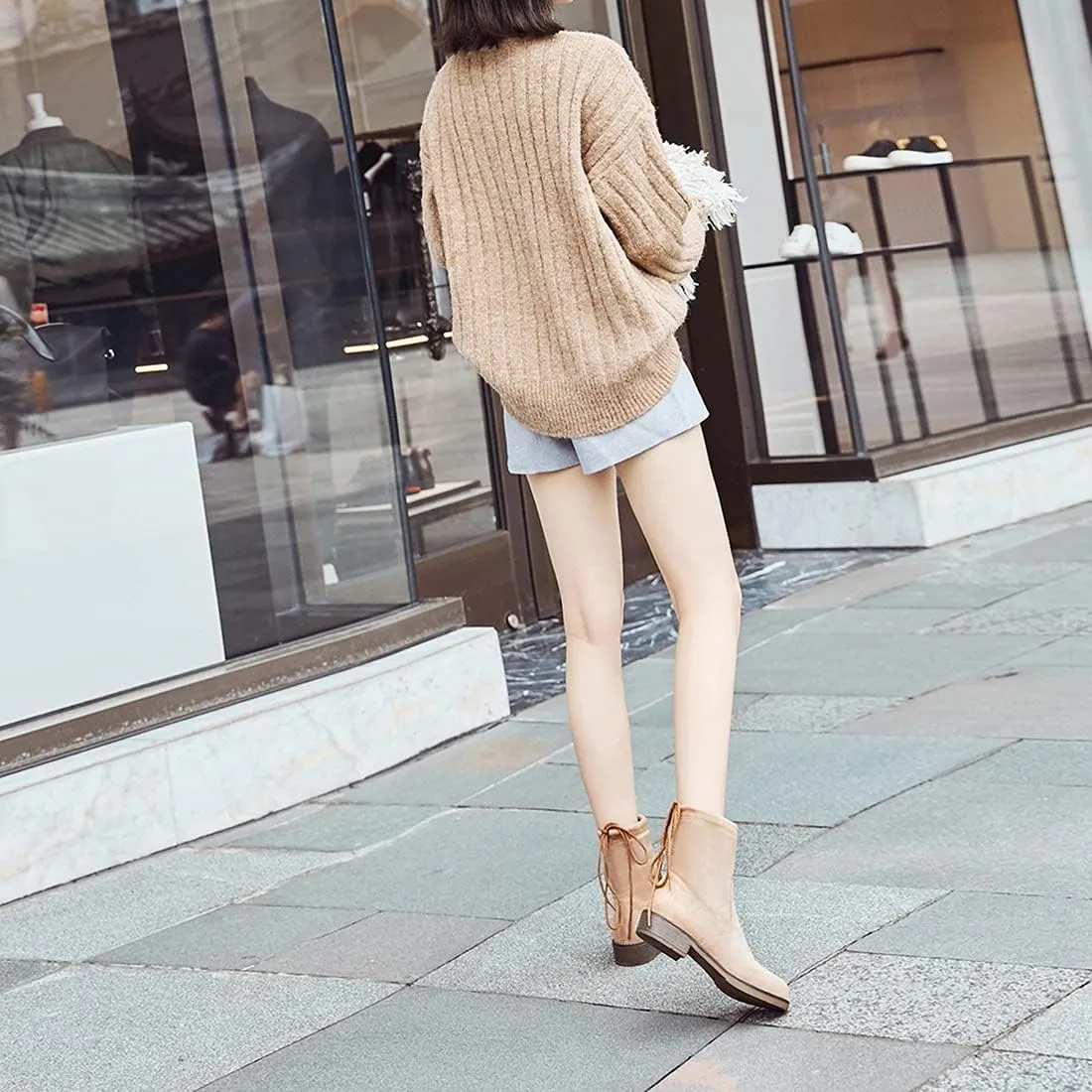 VOKLIN Women's Casual Flat Low Heels Dress Ankle Booties Vegan Suede Round Toe Lace Up Dressy Short Boots
