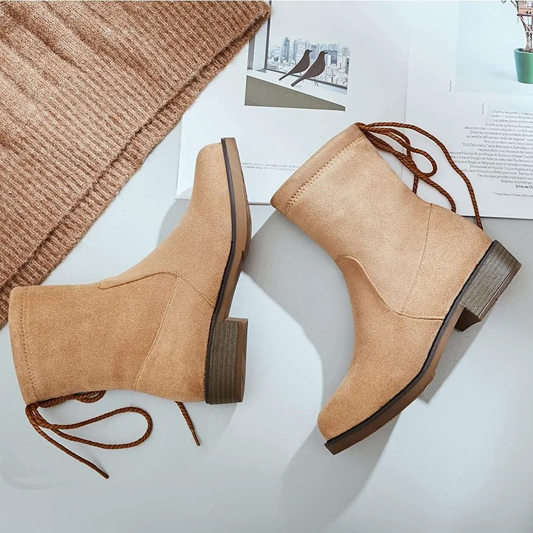 VOKLIN Women's Casual Flat Low Heels Dress Ankle Booties Vegan Suede Round Toe Lace Up Dressy Short Boots