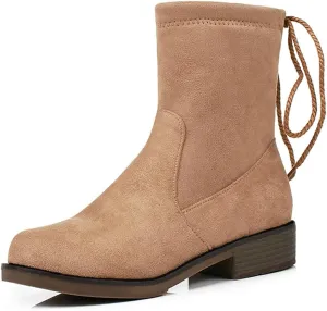 VOKLIN Women's Casual Flat Low Heels Dress Ankle Booties Vegan Suede Round Toe Lace Up Dressy Short Boots