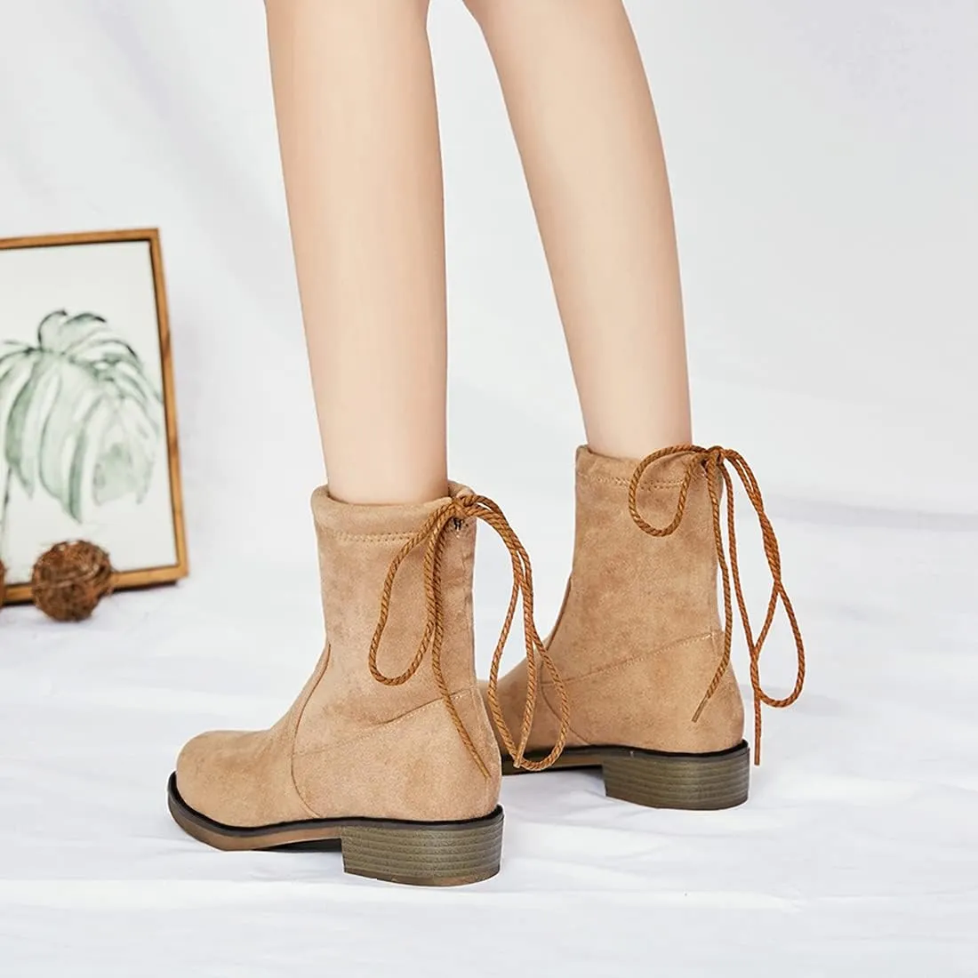 VOKLIN Women's Casual Flat Low Heels Dress Ankle Booties Vegan Suede Round Toe Lace Up Dressy Short Boots