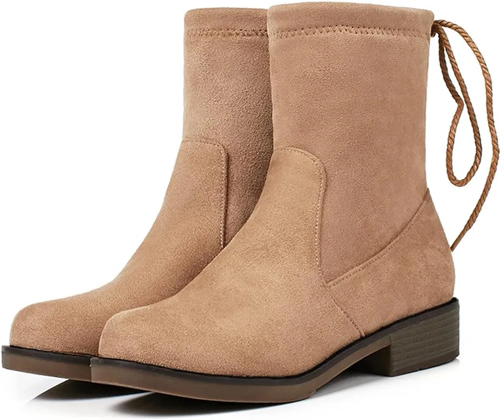 VOKLIN Women's Casual Flat Low Heels Dress Ankle Booties Vegan Suede Round Toe Lace Up Dressy Short Boots