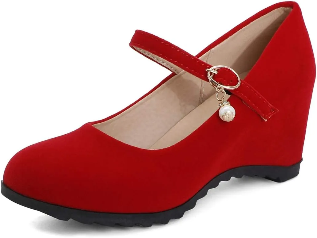 VOKLIN Women's Mary Jane Wedge High Heels Pumps Round Toe Vegan Suede Comfortable Wedding Dress Pump Shoes