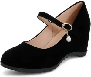 VOKLIN Women's Mary Jane Wedge High Heels Pumps Round Toe Vegan Suede Comfortable Wedding Dress Pump Shoes